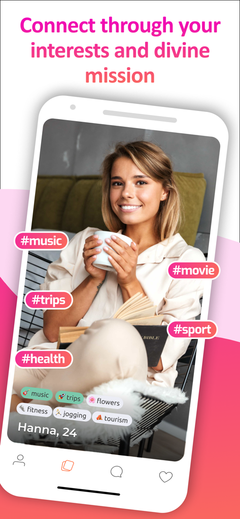 Eden: Christian Dating App - Un écran de profil sur l'application de rencontre chrétienne Eden montrant la photo d'une femme avec des tags d'intérêt comme la musique, les voyages et la santé.