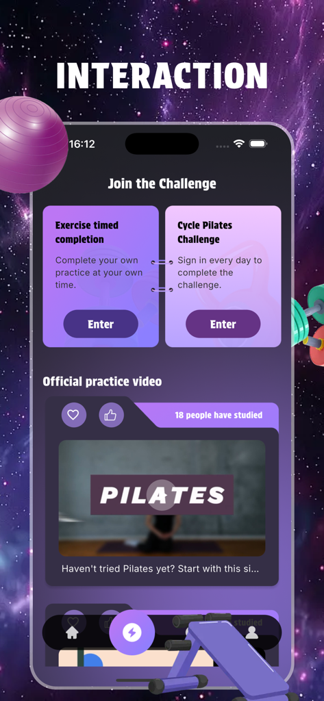 Screenshot of the Chime app showing pilates challenges and official practice videos.
