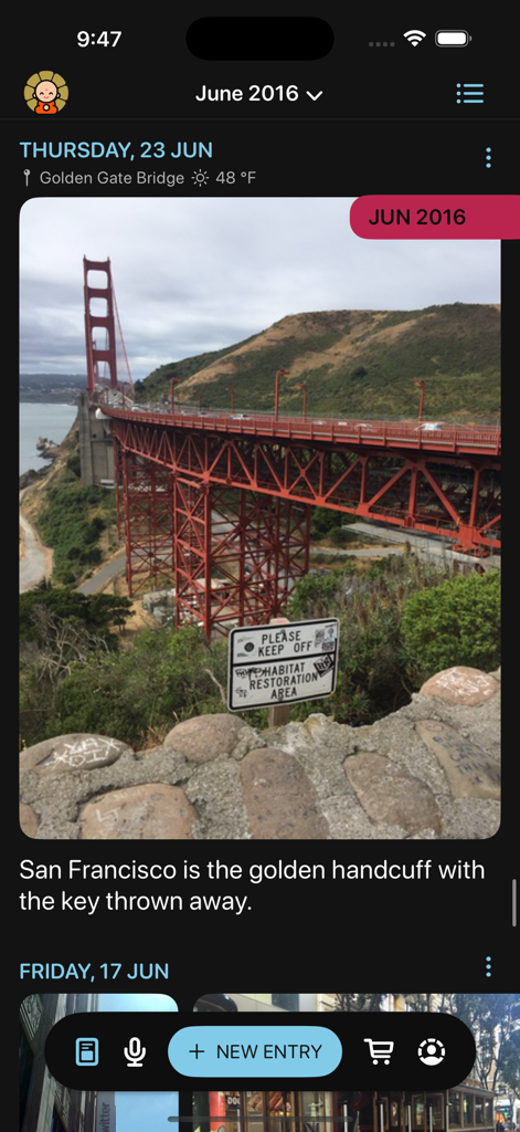 Gratitude by GratefulDay - Gratitude app interface showing a photo journal entry of the Golden Gate Bridge in San Francisco.