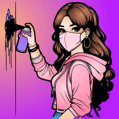 realistic girl with mask spray painting a wall