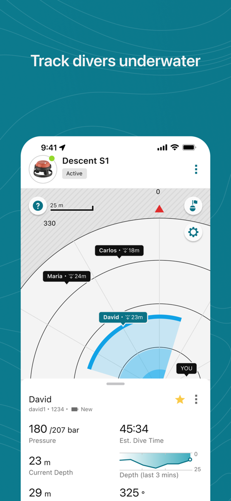 Garmin Dive app screen showing real time tracking and telemetry for multiple divers including depth and tank pressure