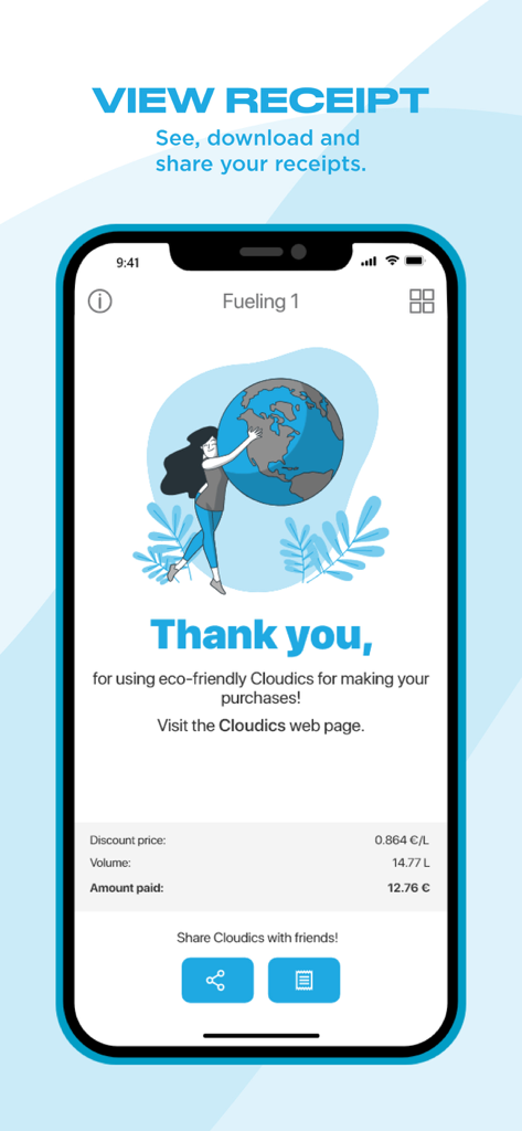 Cloudics - Cloudicsアプリからのデジタル給油レシートを表示するスマートフォンの画面