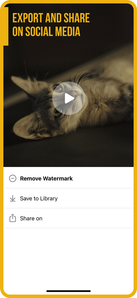 Add Music to Video :cut editor - Interface for exporting and sharing music videos on social media with options to save to library or remove watermark