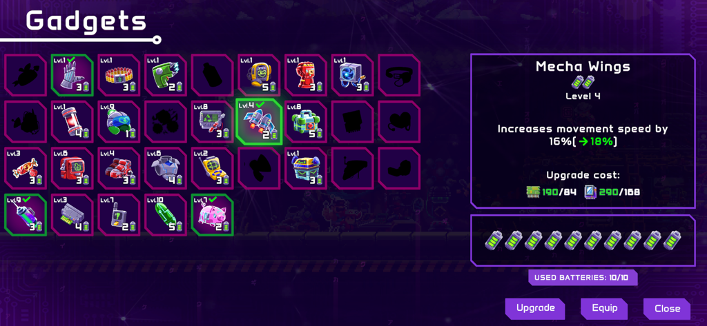 Lia: Hacking Destiny - Inventory screen showing gadgets and Mecha Wings upgrade details in Lia Hacking Destiny