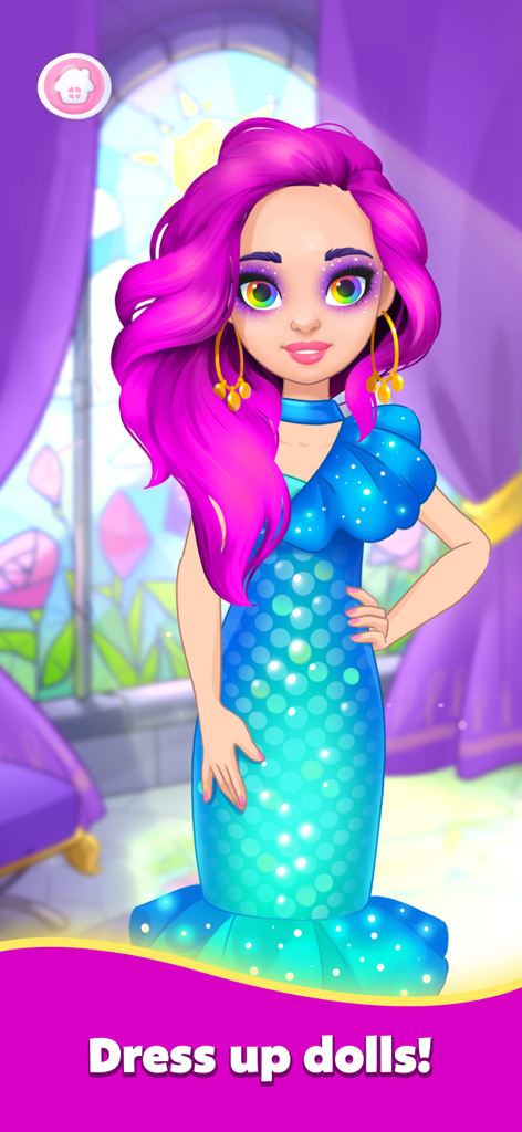 Doll Dress Up & Makeup Games 8 - Uma boneca da moda com cabelo rosa vibrante e olhos arco-íris usando um vestido de sereia azul em um jogo de vestir.