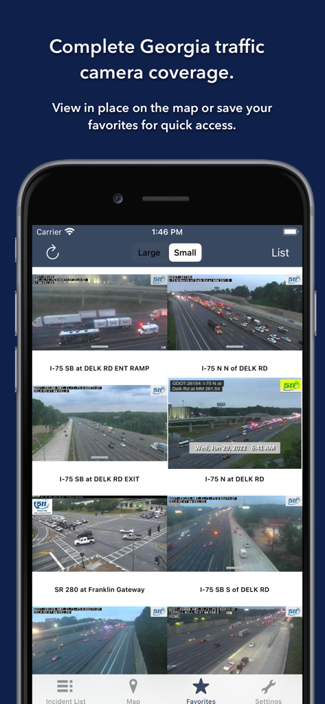 Interface do aplicativo móvel mostrando uma grade de feeds de câmeras de tráfego ao vivo para rodovias da Geórgia