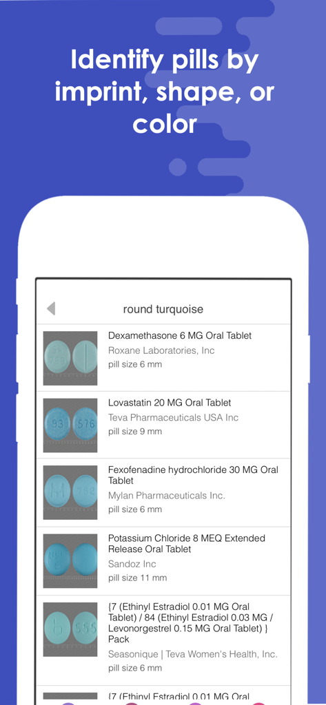 Drug Interaction Checker + - Écran de smartphone montrant la fonction d'identification de pilules de l'application MedTap avec des résultats pour des comprimés ronds turquoises