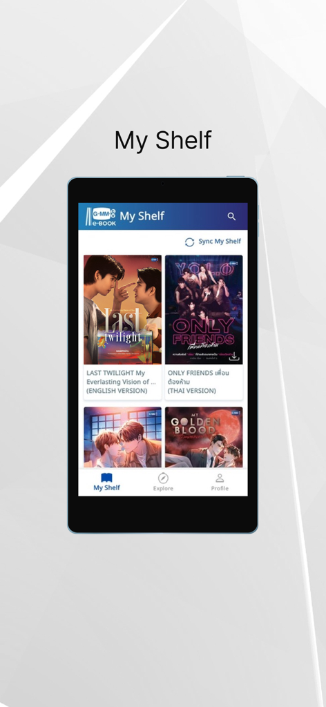 The My Shelf screen of the GMMTV e-BOOK app displaying a library of Thai series novels