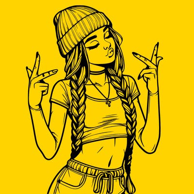 realistic teenage girl with braids and a beanie and crop top doing 🫶🏼
