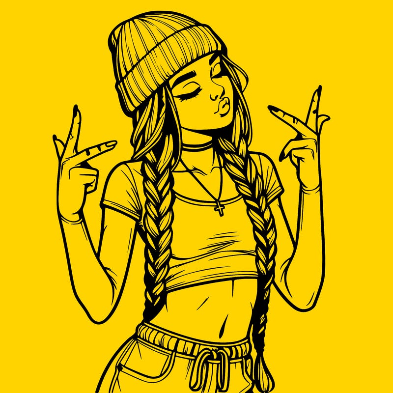 realistic teenage girl with braids and a beanie and crop top doing 🫶🏼