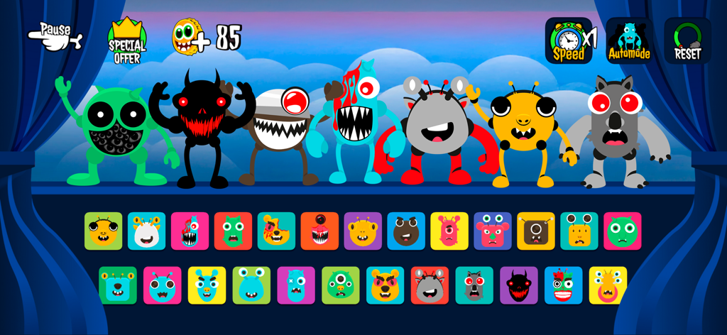 Corrupt Box Incredible Beats - Uma linha de personagens monstros assustadores na interface de mixagem musical do Corrupt Box.