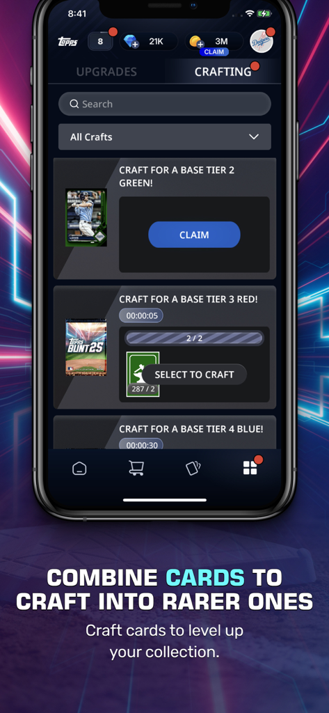 Topps BUNT MLB Card Trader crafting interface for combining digital baseball cards into rarer tiers