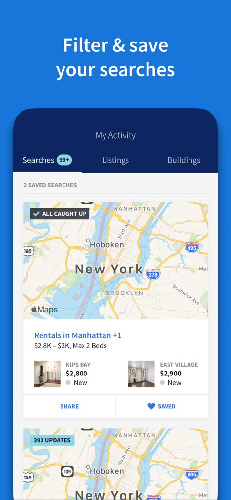 StreetEasy mobile app interface showing saved rental searches and apartment listings on a New York City map.