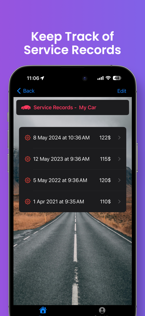 Smartphone screen showing a list of vehicle service records with dates and costs in the Car Log Diary app