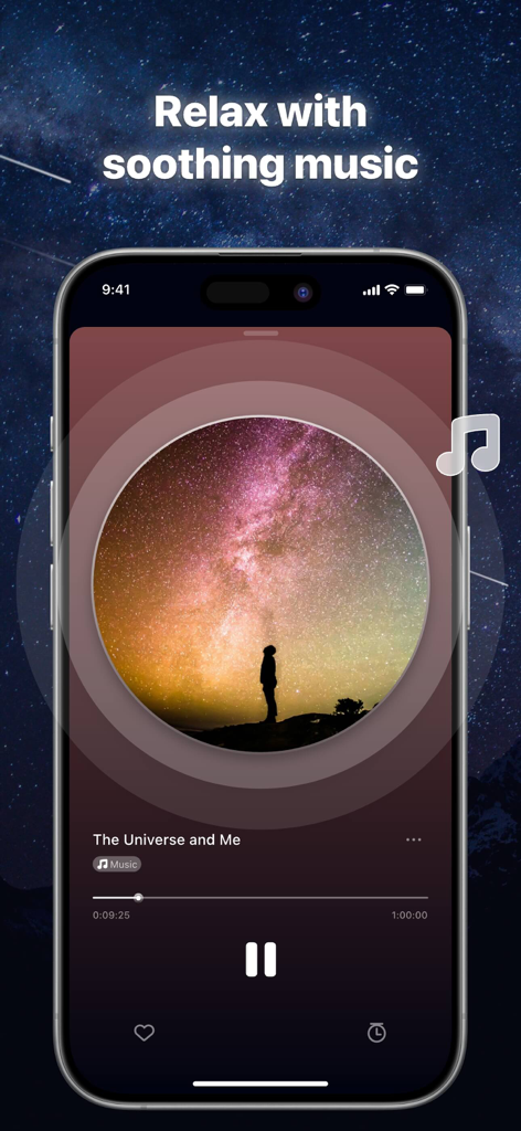 Sleep Sound: Relax White Noise - Interface of the Sleep Sound app playing soothing music called The Universe and Me with a starry night background.
