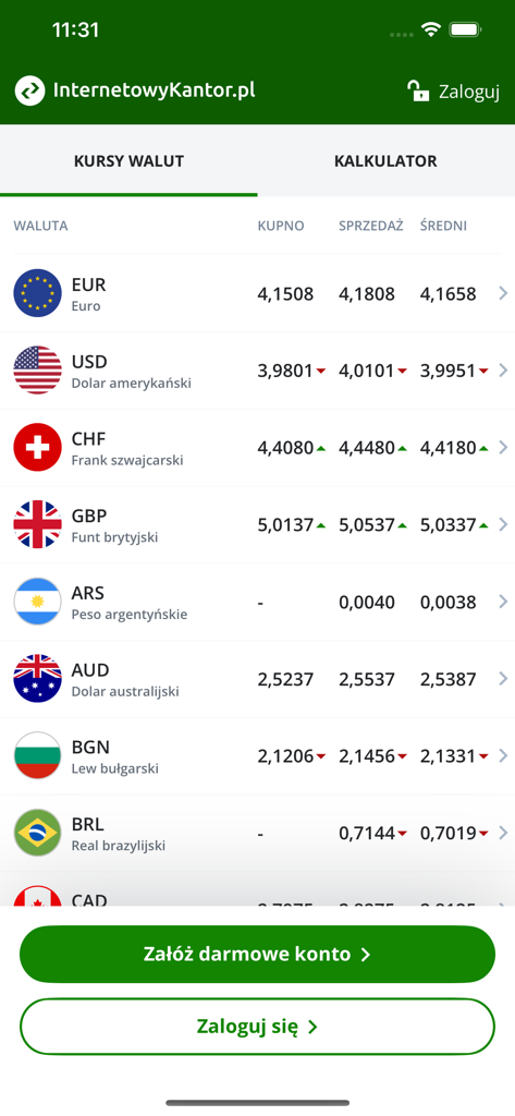Schermata dell'app mobile che mostra un elenco dei tassi di cambio attuali per EUR USD e CHF in lingua polacca