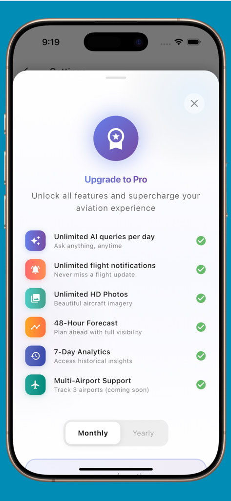 HK Airport iPlane - HK Airport iPlane app upgrade to pro screen listing premium features and subscription options