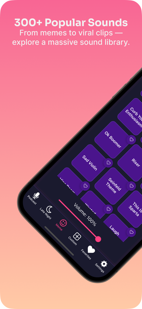 Soundboard Pro mobile interface showing a library of popular meme sounds like Ok Boomer and Sad Violin