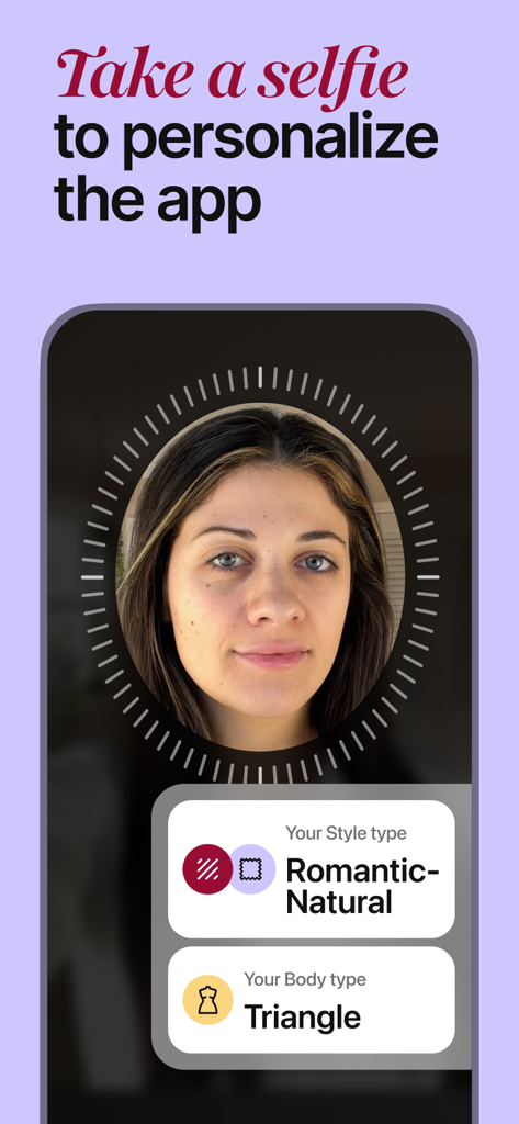 Interfaccia dell'app Style DNA che mostra una donna che si scatta un selfie per l'analisi dello stile e del tipo di corpo AI