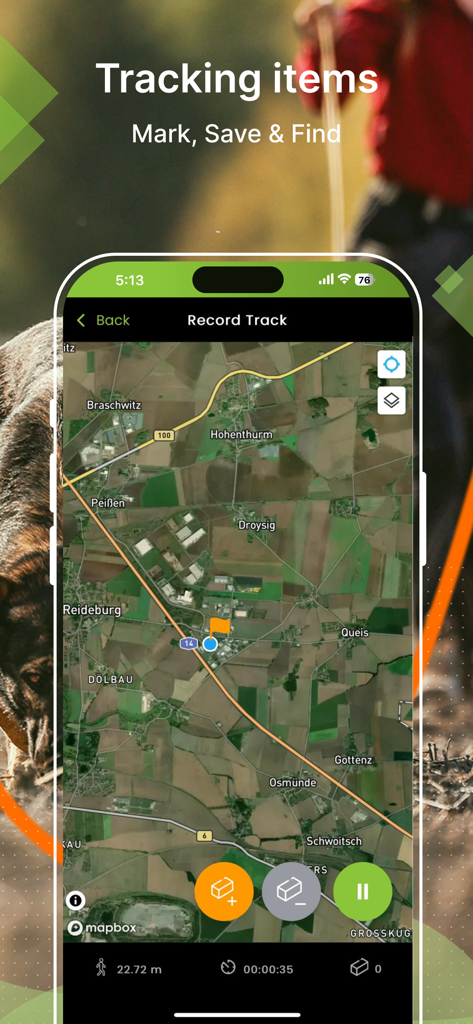 tracking-dog 2026 - Satellite map view of the tracking-dog 2026 app interface for recording training tracks and marking items.