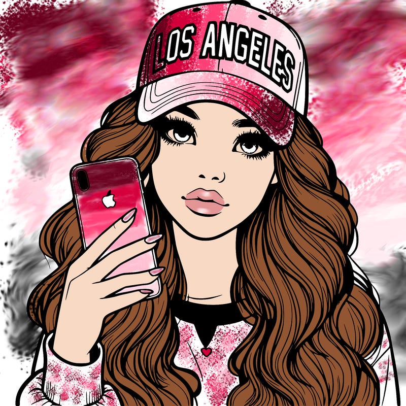 realistic beautiful girl wearing los ángeles cap holding an iphone