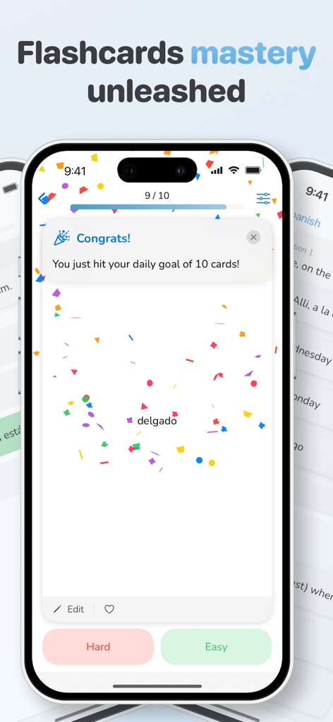 iPhone screen showing Memorize app congratulating the user for hitting their daily flashcard goal with confetti