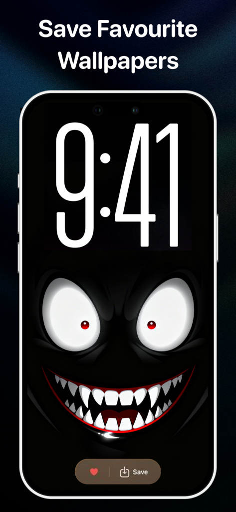 Silly Smiles Live Wallpaper 26 - 넓고 이빨이 많은 미소를 짓는 어두운 괴물 라이브 배경화면을 표시하는 아이폰 화면