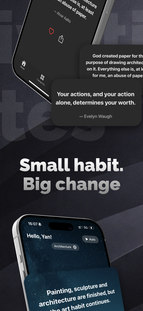 Quotty: Motivational quotes - Aplicación Quotty en iPhone mostrando widgets de citas motivacionales y el lema Pequeño hábito Gran cambio