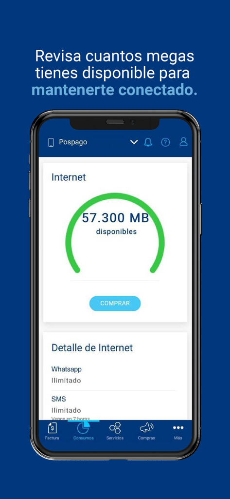 Mi Tigo (Antes Tigo Shop) - Interfaz de la app Mi Tigo que muestra un medidor de datos con megabytes disponibles para la conexión a internet en un plan de pospago