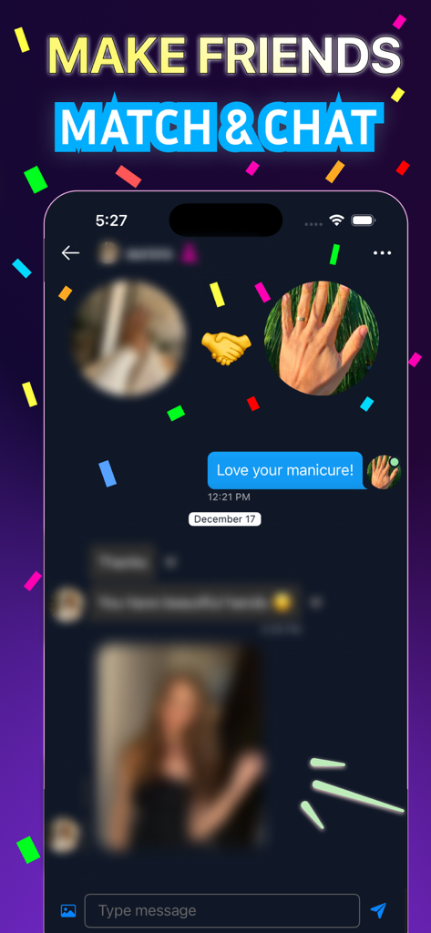 Pinky: Make New Friends - Pinky app chat screen showing a match between users with hand profile photos and a message