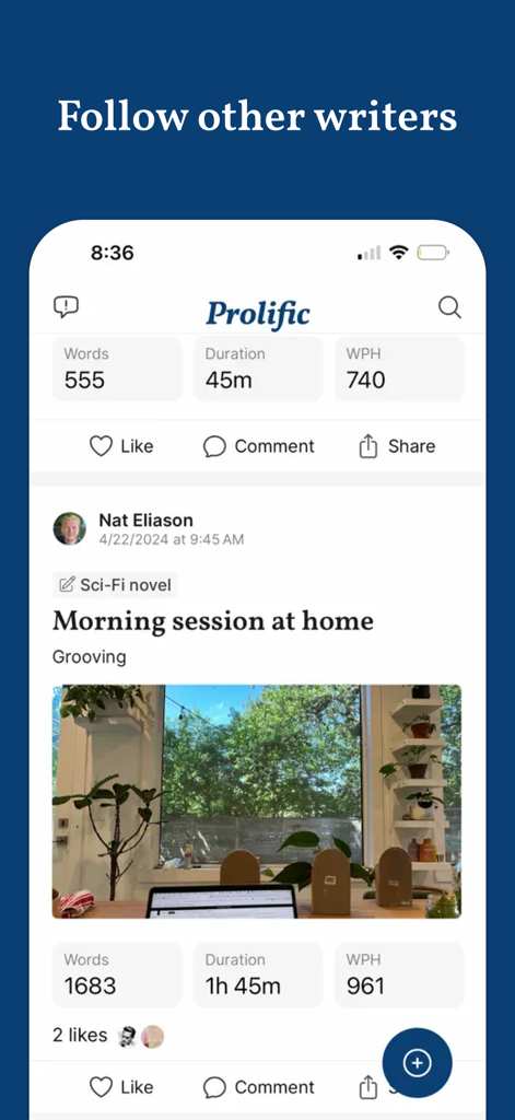 Prolific: Track Your Writing - Prolificアプリのソーシャルフィードで、コミュニティ追跡のための単語数や期間を含む執筆セッションの統計情報を表示