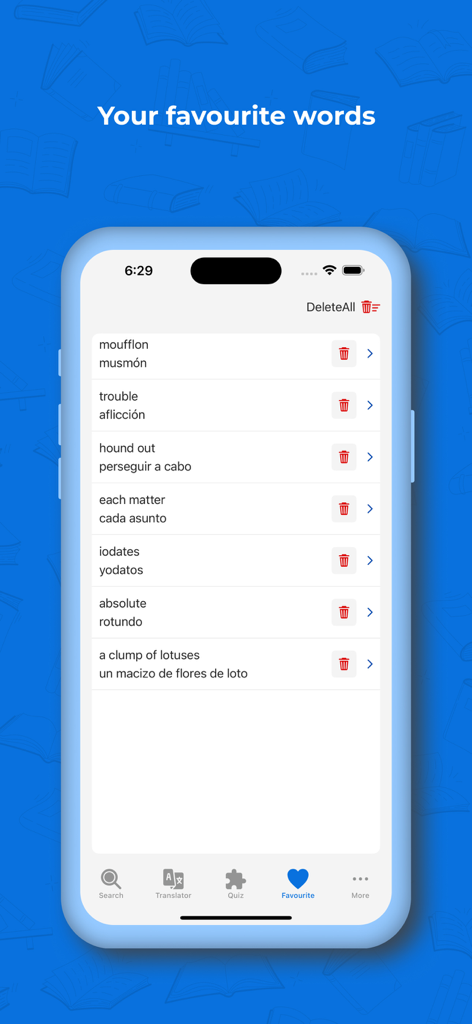 Spanish Dictionary+ Translator - A screenshot of the favorite words list in the Spanish Dictionary and Translator app showing saved English to Spanish translations