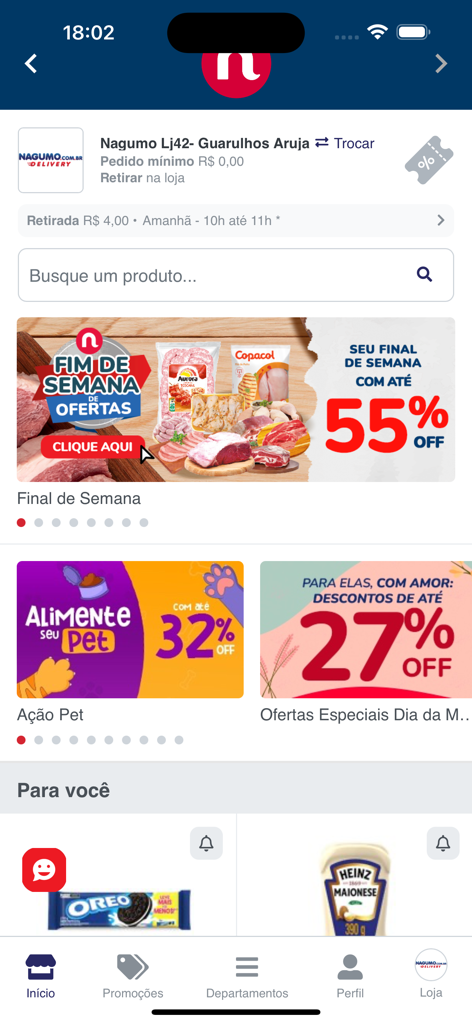 Meu Nagumo - Tela inicial do app de compras Meu Nagumo mostrando ofertas de fim de semana e promoções de mercado.