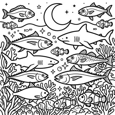 Explore the mysterious beauty of the ocean after dark with this enchanting saltwater fish coloring page. Discover a diverse array of marine life, from sharks to clownfish, swimming gracefully under the glow of the moon and stars.