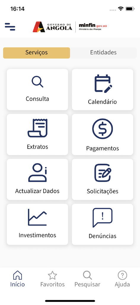 Painel do App Minfin mostrando serviços financeiros para o Ministério das Finanças de Angola