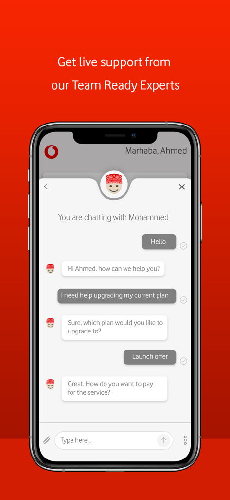 My Vodafone Oman - A mobile interface showing a live customer support chat within the My Vodafone Oman app.