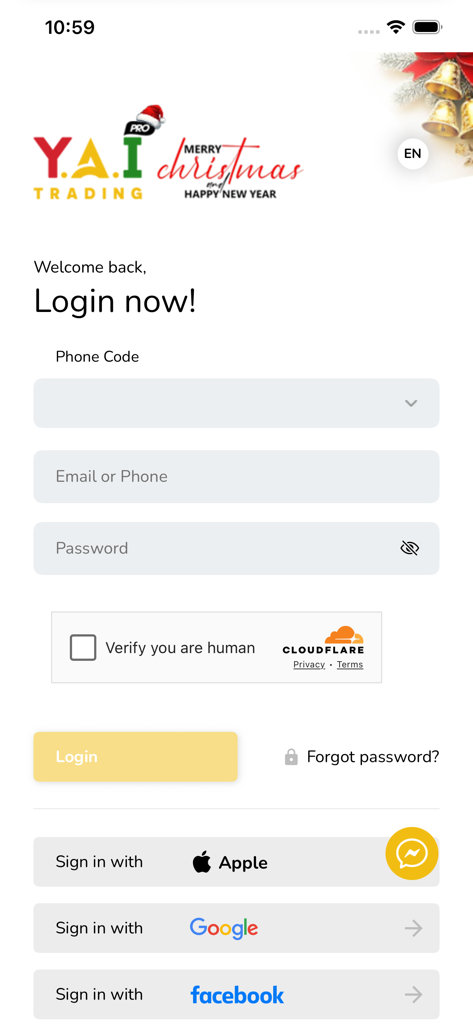 YAI TRADING PRO - Pantalla de inicio de sesión para la aplicación YAI TRADING PRO con campos de correo electrónico y contraseña, junto con las opciones de inicio de sesión de Apple, Google y Facebook