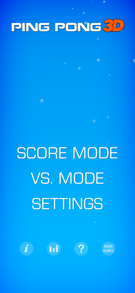 Pantalla del menú principal del juego Ping Pong 3D que muestra las opciones Modo Puntuación, Modo VS y Configuración sobre un fondo azul