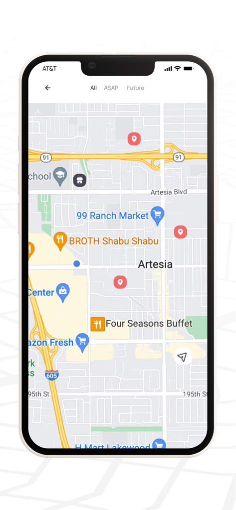 Delivery.com Driver - In-app map interface of the Delivery.com Driver app showing pickup and delivery locations in an urban area