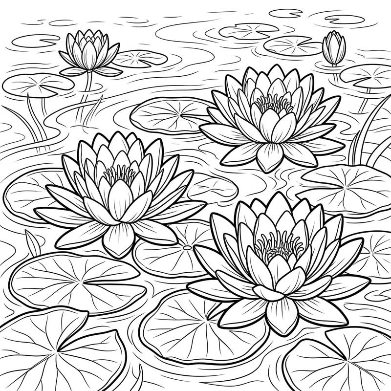 Immerse yourself in the tranquility of nature with this beautiful water lilies coloring page, specifically designed for seniors. Its clear outlines and large areas make for an effortlessly enjoyable and relaxing creative activity.