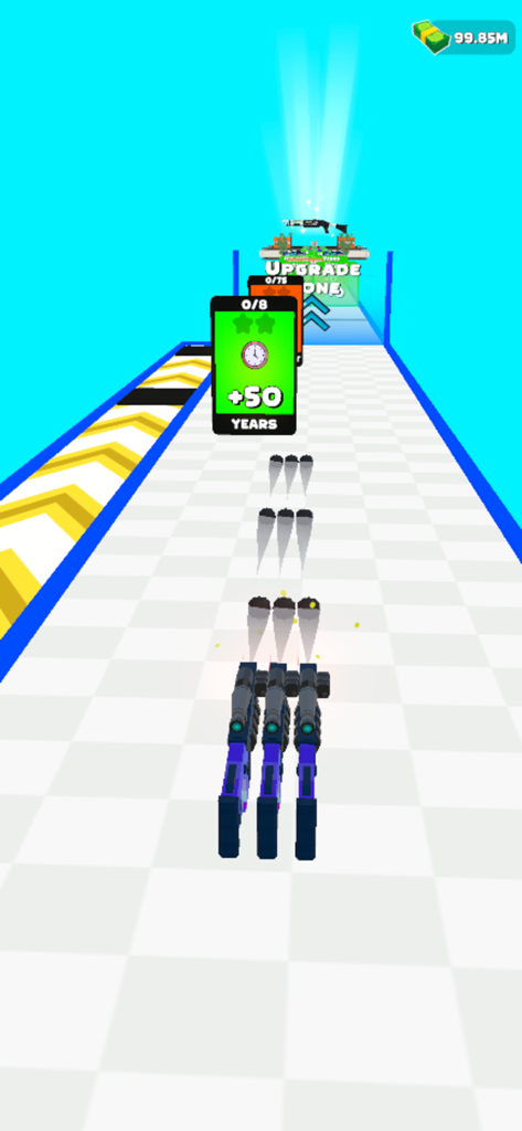 Gun Clone - Three blue guns shooting projectiles at upgrade cards and a power up zone in the Gun Clone mobile game.