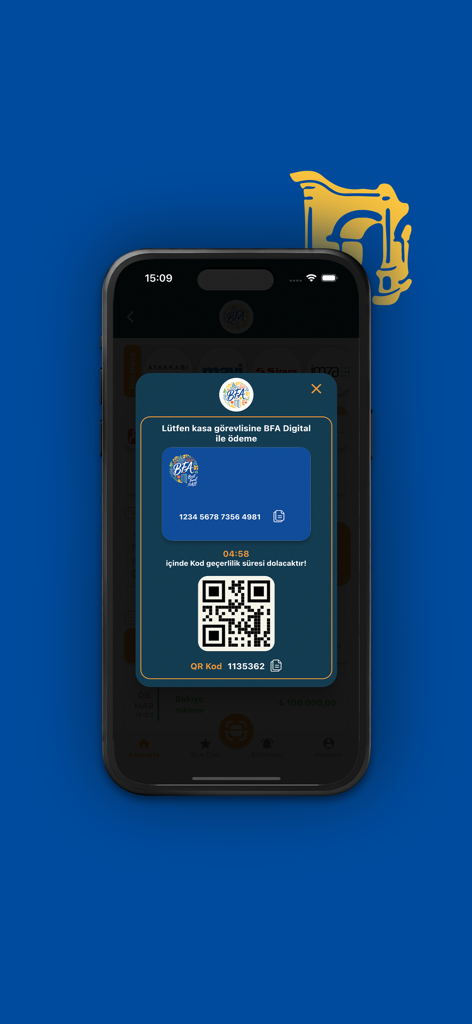 BFA Digital - Payment screen of the BFA Digital app displaying a QR code for airport dining transactions