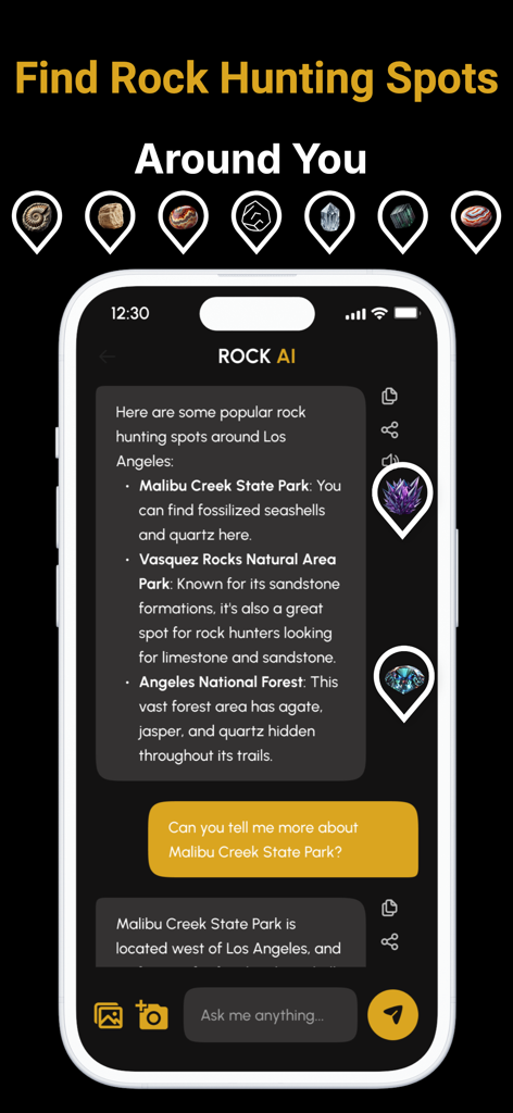 Stone Gem & Crystal Identifier - A mobile app interface displaying a map and chat suggestions for rock hunting hotspots around Los Angeles