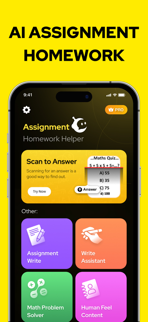 AI Math Problem Solver: MathAI - AI Math Problem Solver app interface showing the homework helper scan feature and writing assistant tools on a smartphone