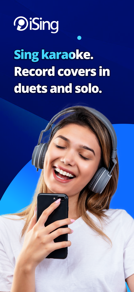 iSing: Sing & Record Karaoke - A happy young woman with headphones recording a song on the iSing karaoke app