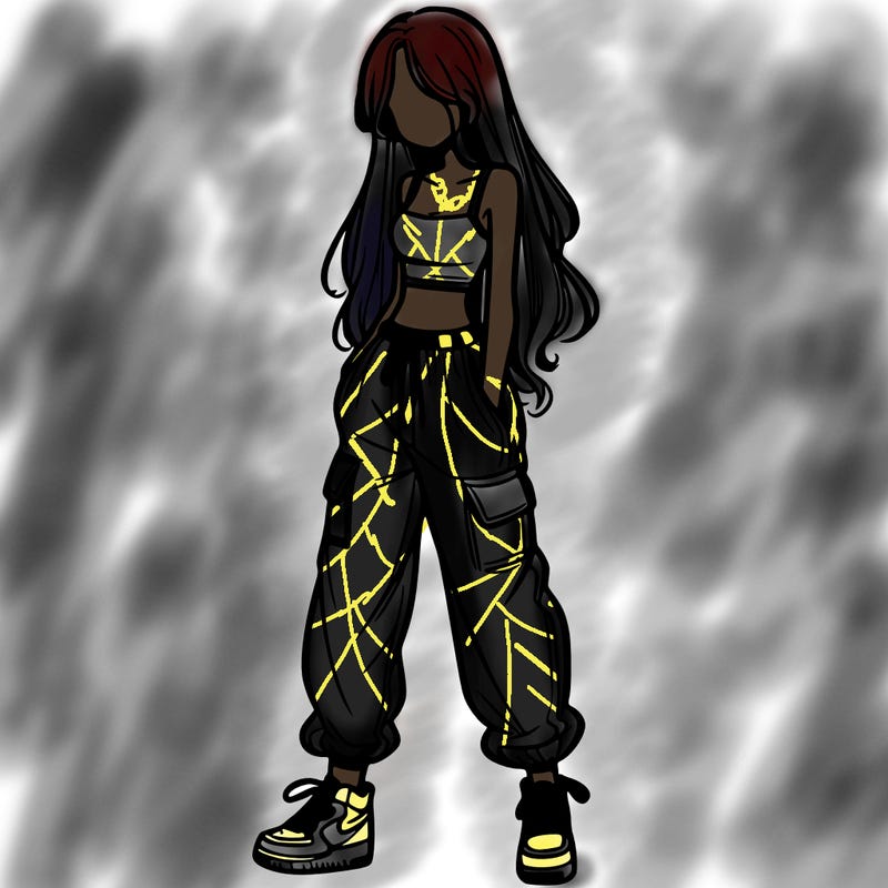 girl in baggy pants crop top and long hair