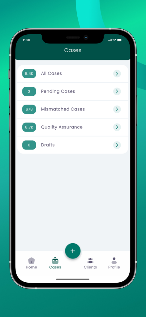 SEVIA - Interfaz de la aplicación móvil SEVIA que muestra el panel de casos con categorías para todos los casos, casos pendientes y garantía de calidad