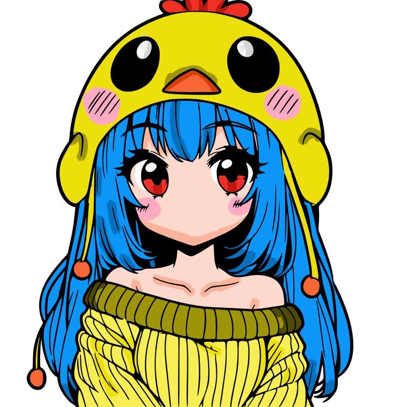anime girl with chick shaped hat with sweater with bare shoulders with bangs covering them one eye with low tail