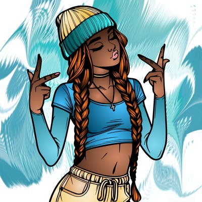 realistic teenage girl with braids and a beanie and crop top doing 🫶🏼