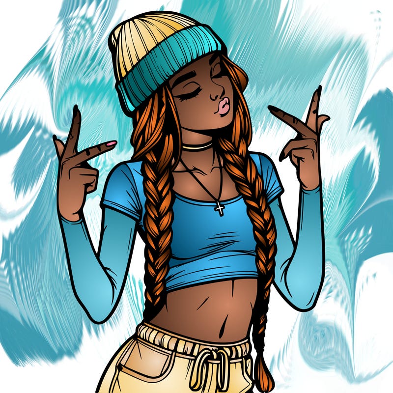 realistic teenage girl with braids and a beanie and crop top doing 🫶🏼